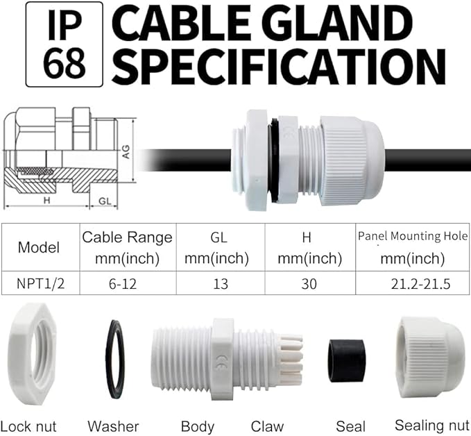 5-Pack 1/2" NPT Cable Glands, IP68 Waterproof Nylon PA66 Cord Grip, Adjustable - Image 2