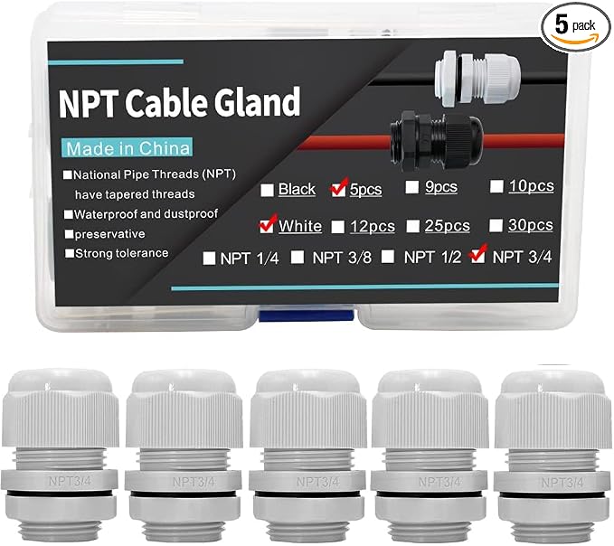 5-Pack 3/4" NPT Cable Glands, IP68 Waterproof Nylon PA66 Strain Relief Cord by AIRTAK
