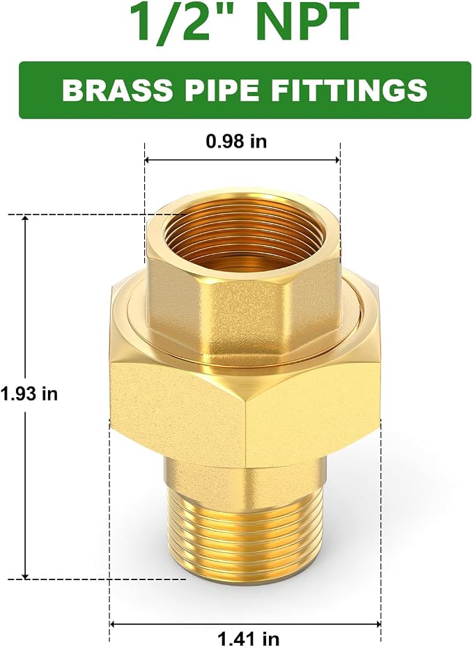 2PCS Brass Union，1/2" NPT Male x 1/2" NPT Female Brass Pipe Fitting - Image 2