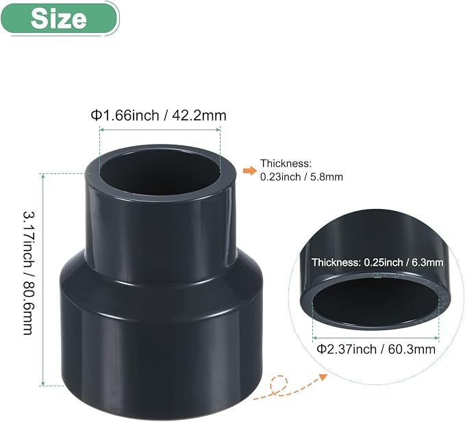 M METERXITY 1-Pack UPVC Reducer Pipe Fitting 2"x1-1/4" Reducing Grey | Coupling - Image 3