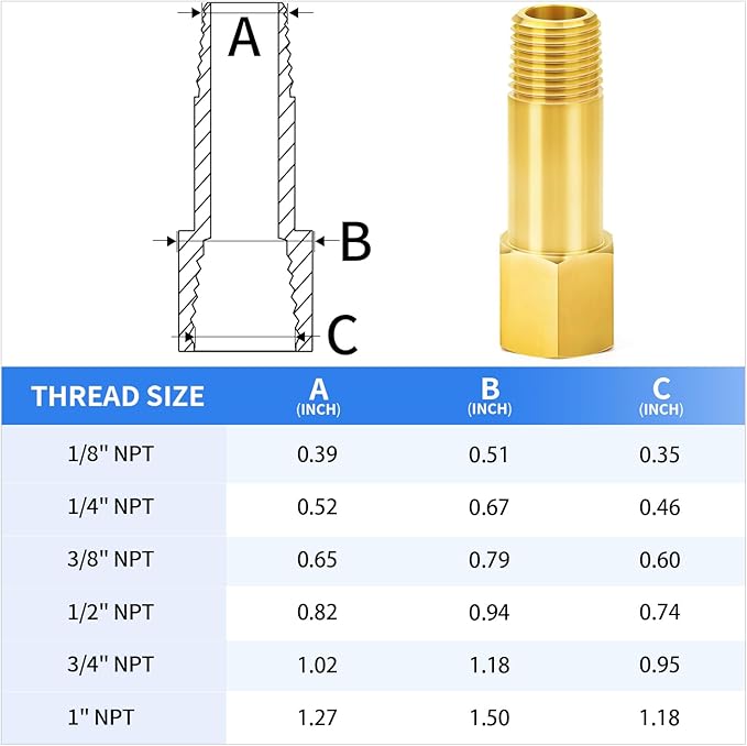 ChillWaves Brass Pipe Fitting, Long Nipple Pipe 3/8" NPT Male x 3/8" NPT Female - Image 2