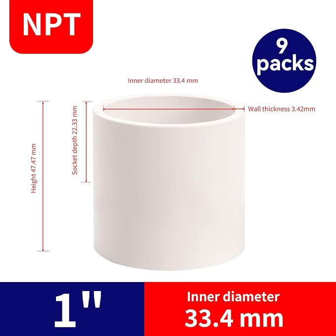 9 Pack 1Inch White PVC Pipe Coupling, Socket x Socket, Schedule 40 Heavy Duty - Image 2