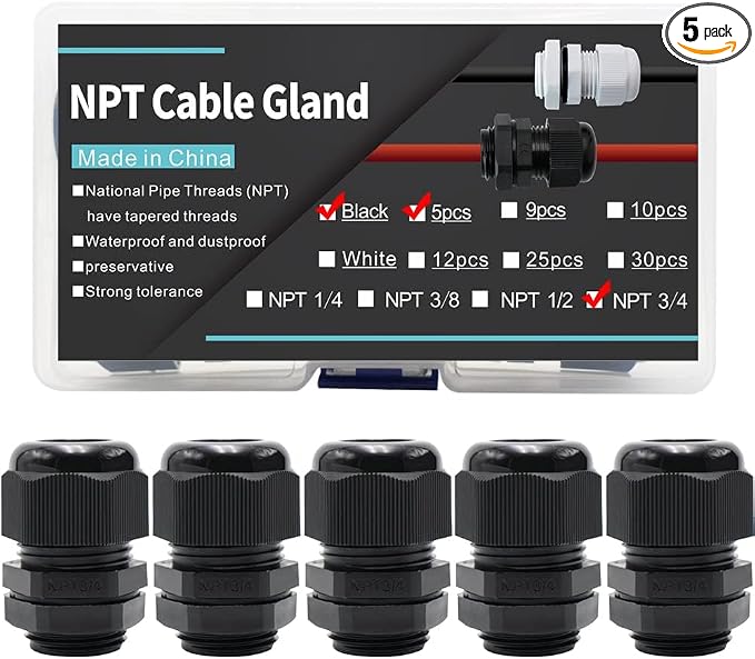5-Pack 3/4" NPT Cable Glands, IP68 Waterproof Nylon PA66 Strain Relief Cord by AIRTAK