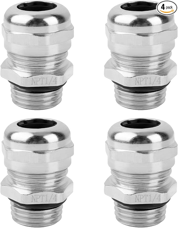 4 Pcs 1/4" NPT Nickel-Plated Copper Cable Gland | IP68 Waterproof, Metal Strain by Unknown