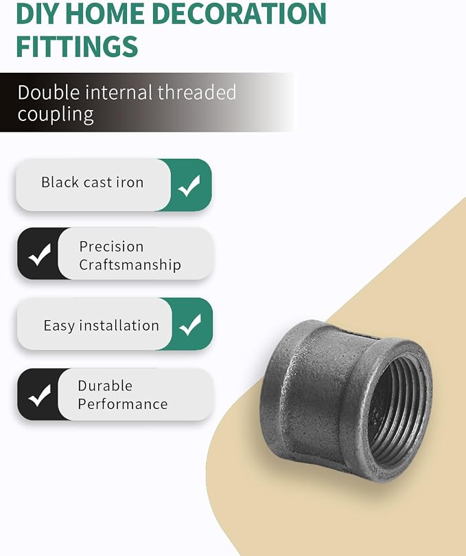 Black Cast Iron Pipe Coupling Fittings, 1 Inch Female Thread Connectors - Image 3