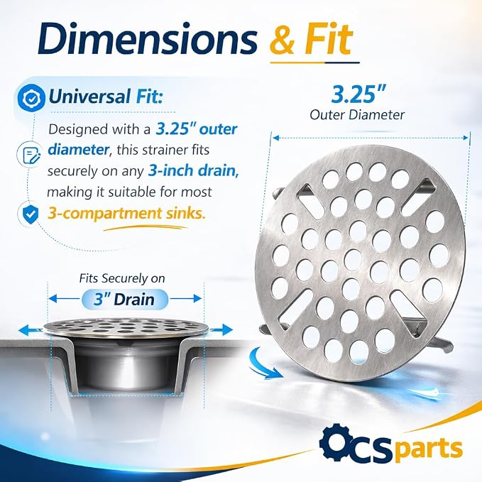 OCS Parts Set of Two 3-Inch Commercial Kitchen Sink Flat Strainers - Image 3