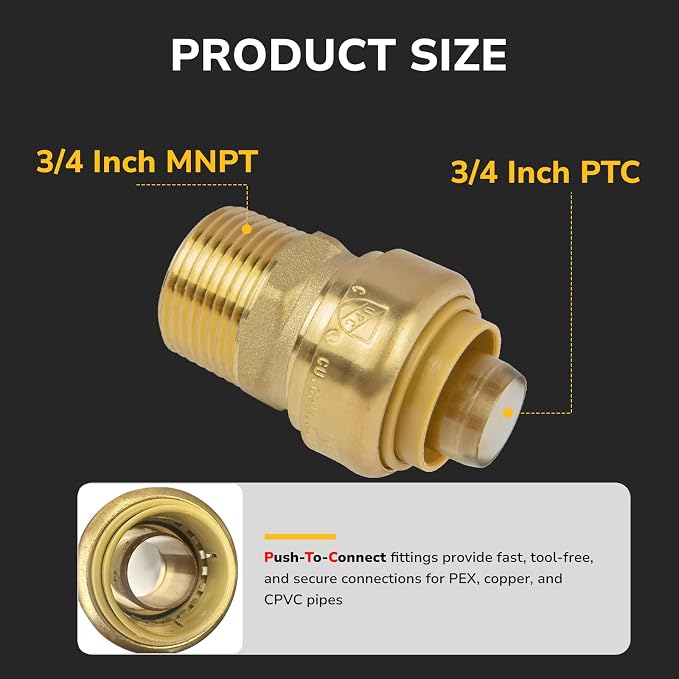 3/4" PTC to 3/4" NPT Male Adapter Push-Fit, Push to Connect Brass Plumbing - Image 2