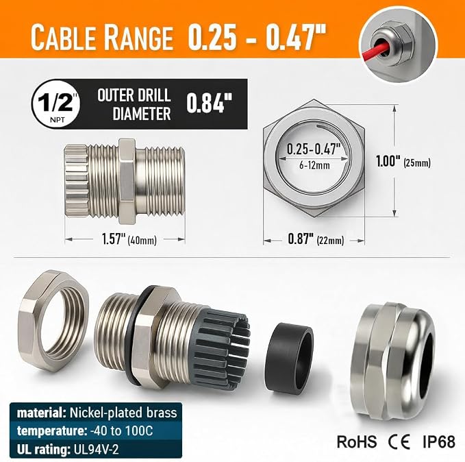 1/2" NPT Brass Cable Gland, Metal Cord Grip Strain Relief - Image 5