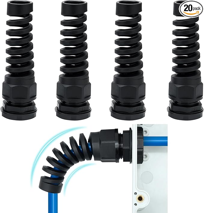 4 Pcs PG21 Cable Gland 12.5-18mm Nylon Strain Relief Spring IP68 Black PA66 | by Aandxmok