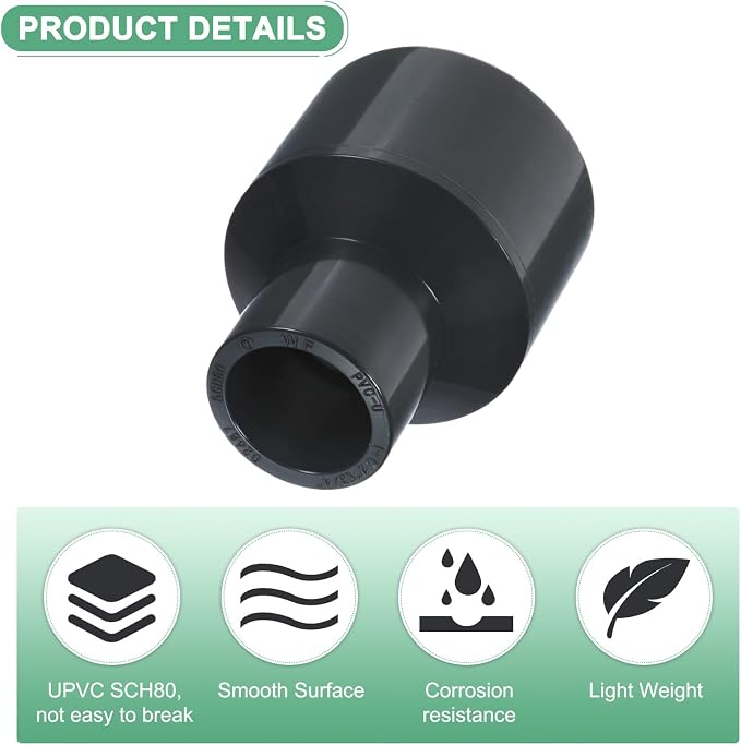 M METERXITY 2-Pack UPVC Reducer Pipe Fitting, 1-1/2"x3/4" Reducing Coupling - Image 2