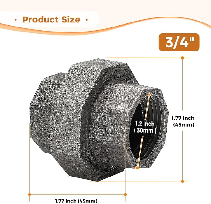 3/4" Pipe Fittings Union Home Expert 4 Pack Malleable Cast Iron Pipe Union | - Image 3