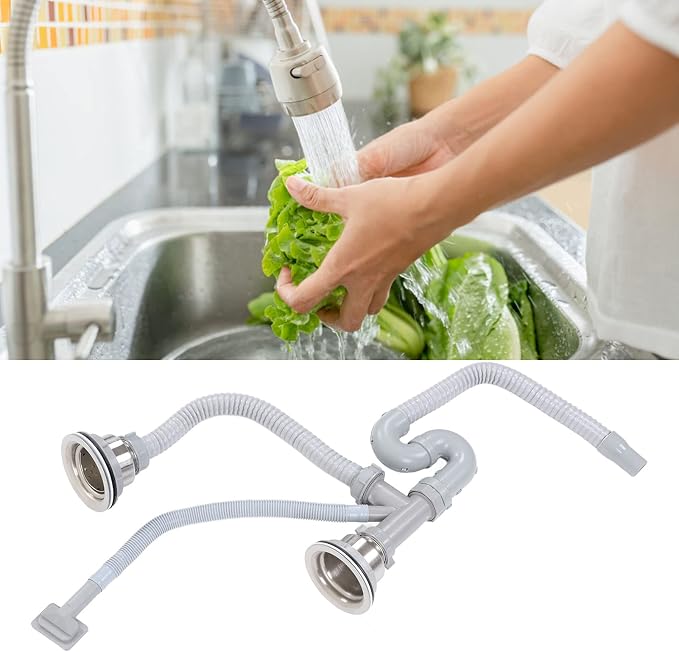Kitchen Double Sink Drain Kit, 11cm Flexible Sink Drain Pipe Kitchen Sink - Image 7