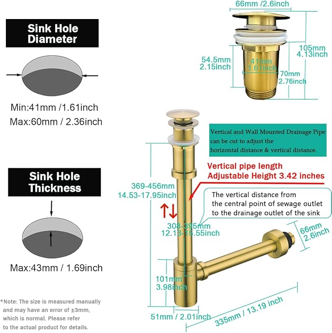 Brass Round Bottle P-Trap with Pop Up Drain Stopper, 1 1/4 Adjustable Basin - Image 2