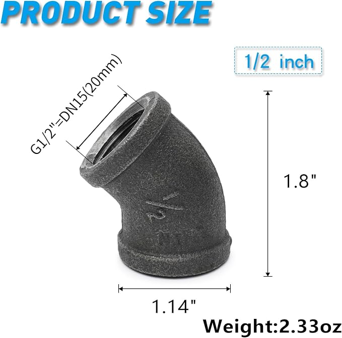 1/2" 45-degree elbow, Home TZH 30 Pack Female Threaded 45-degree Malleable Cast - Image 2