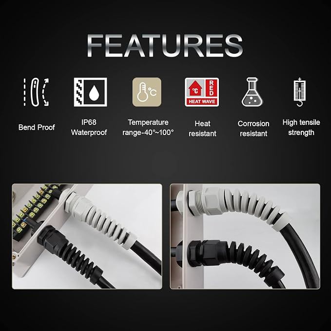 5Pcs NPT 1" IP68 Waterproof Cable Gland Flex Spiral Strain Relief Black Nylon - Image 3