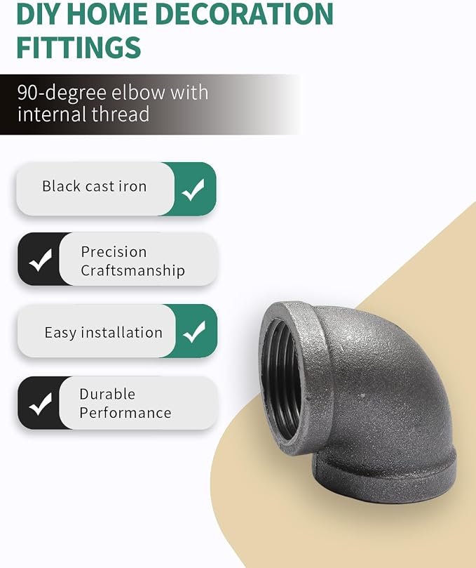 Black Cast Iron 90 Degree Elbow, Female Pipe Fitting, 1 Inch Size, - Image 4