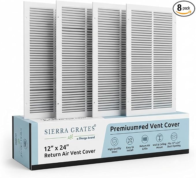 12x24 Air Return Vent Cover, Solid Steel White, 8 Pack by SierraGrates