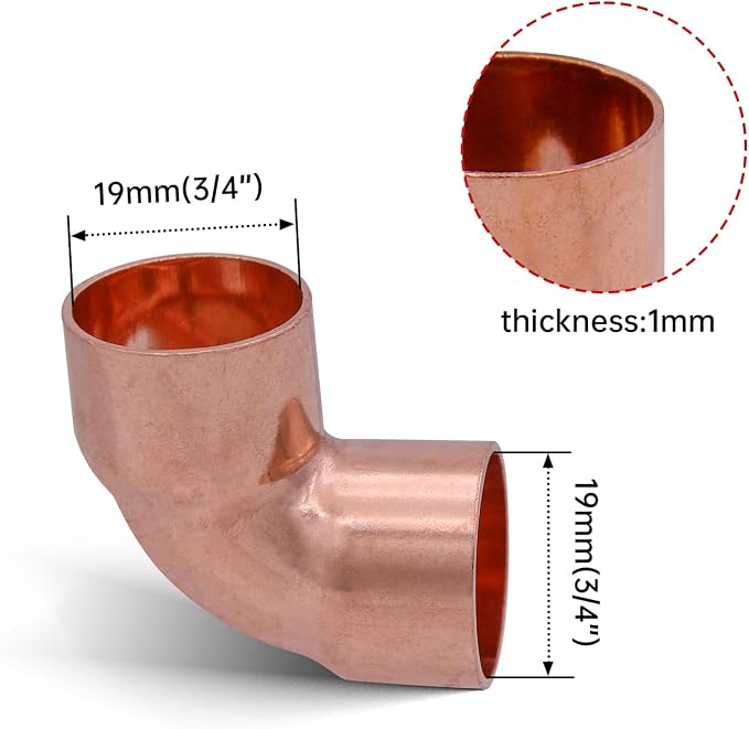 90 Degrees Elbow, Copper Fitting 3/4 Inch ID Welding Joint - Image 2