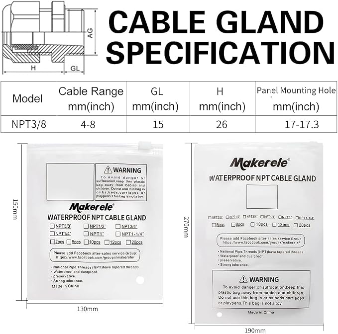 MAKERELE NPT 3/8” 12 Pack Grey Nylon Cable Glands Grey | IP68 Waterproof Strain - Image 6