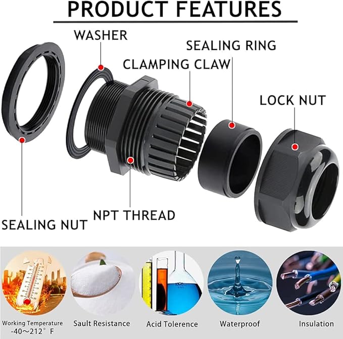 PENGLIN Waterproof Cable Glands 1/2" NPT Nylon Cable Connector | Long-term - Image 2