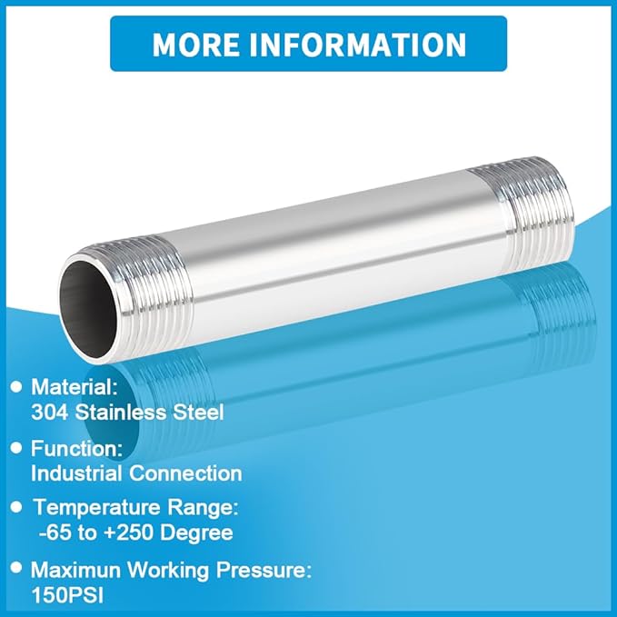 Quickun 304 Stainless Steel Nipple Pipe Fitting, 1/2" NPT x 1/2" NPT Male - Image 3