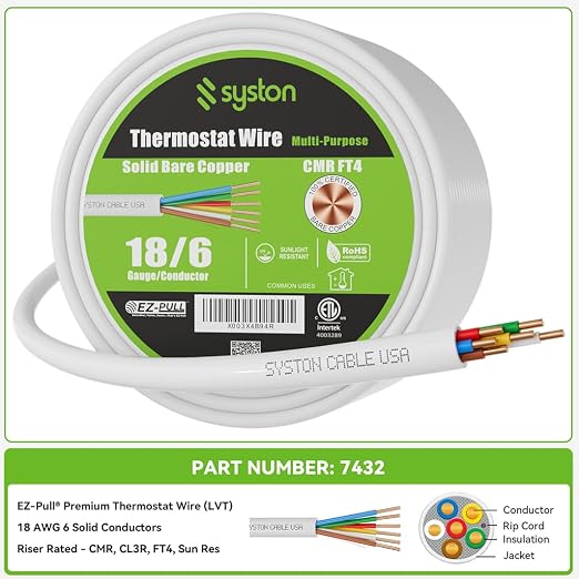 Syston 18/6 Thermostat HVAC Cable Wire, 100% Solid Copper, Riser/CL3R/CMR | 18 - Image 2