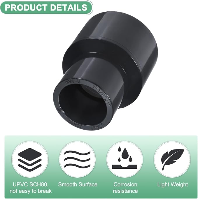 M METERXITY 4-Pack UPVC Reducer Pipe Fitting, 1-1/2"x1" Reducing Coupling - Image 2
