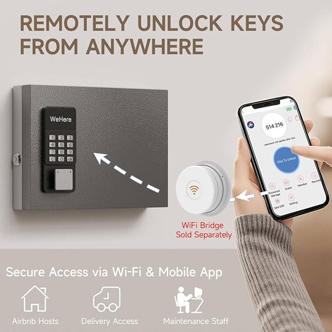 WeHere 16 Key Lock Box Wall Mount, APP Bluetooth/OTP/Wi-Fi/Fixed Code/Key Unlock - Image 5