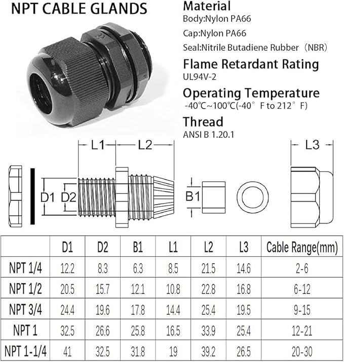 PENGLIN Waterproof Cable Glands 1/2" NPT Nylon Cable Connector | Long-term - Image 3