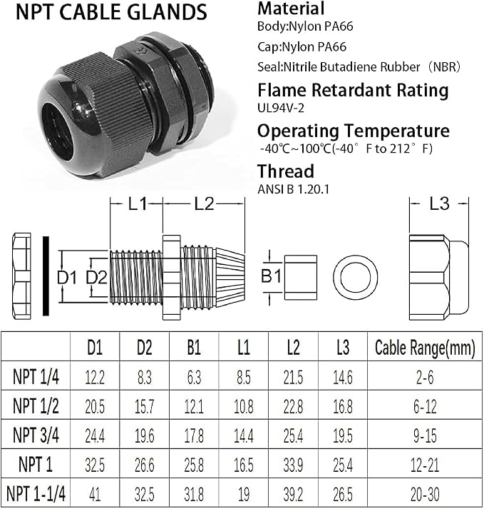 PENGLIN 10PCS Waterproof 3/4" NPT Strain Relief Nylon Cable Glands | IP68 - Image 3