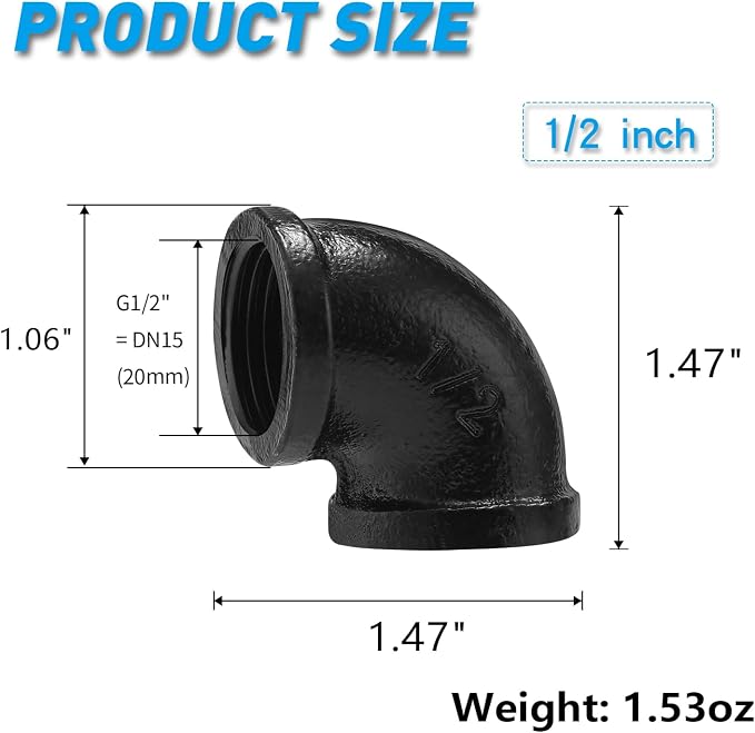 1/2" Black Threaded Elbow, 60 Pack Metal Pipe Fittings - Image 2