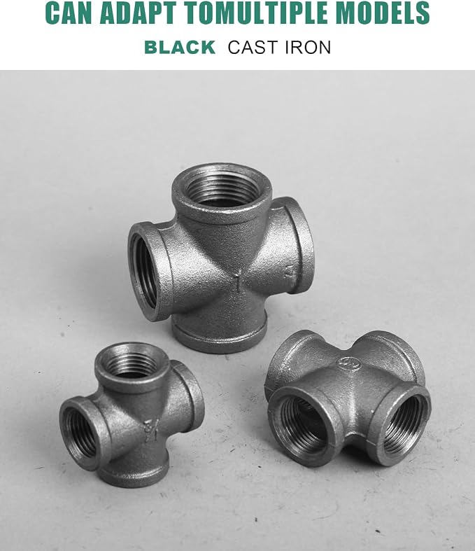 Black Cast Iron Cross Fitting 1" Female Thread, 4 Way Industrial Pipe Connector - Image 3