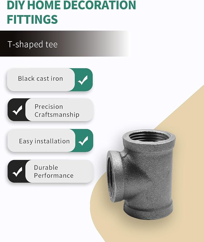 Black Cast Iron Tee Fitting 3/4" Female Thread, 3 Way Industrial Pipe Connector - Image 4