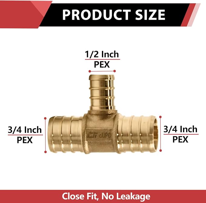 5PC EFIELD Barb Pex 3/4" x 3/4" x 1/2" Reducing Tee Brass Crimp Fittings | - Image 2