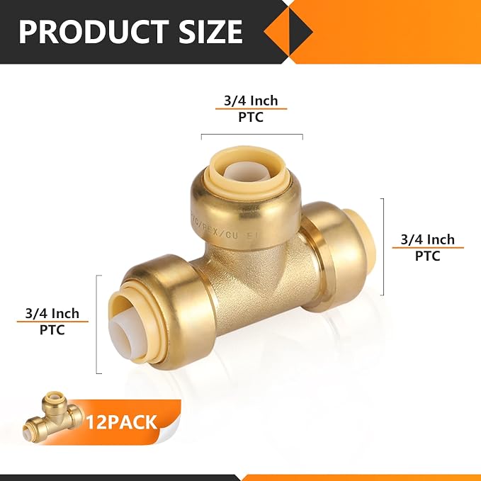 12PC HeSun 3/4" Pushfit Tee, Push to Connect Plumbing Fittings | Brass Push-fit - Image 2