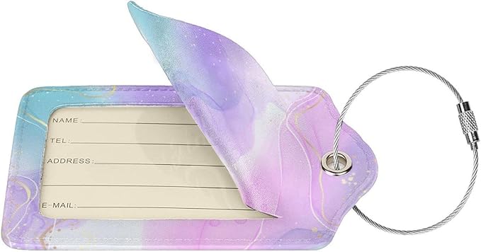 Pink Luggage Tags 2 Pack for Girls Women, Watercolor Light Purple and Cyan Blue - Image 2