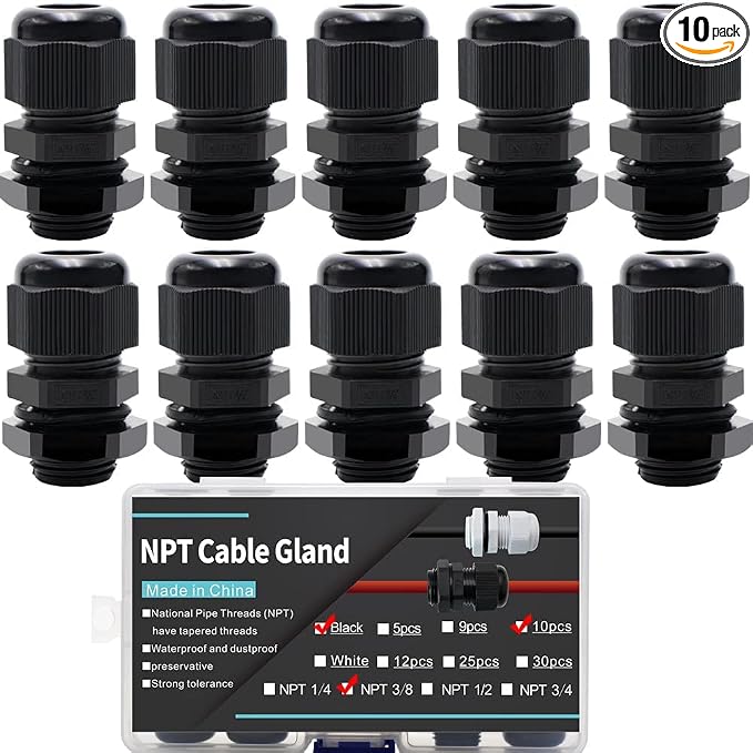 10-Pack 3/8" NPT Cable Glands, IP68 Waterproof Nylon PA66 Strain Relief Cord by AIRTAK