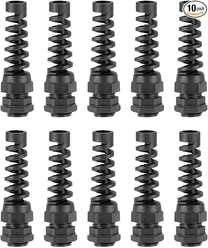 10Pcs PG11 IP68 Waterproof Cable Gland Flex Spiral Strain Relief Black Nylon by Unknown
