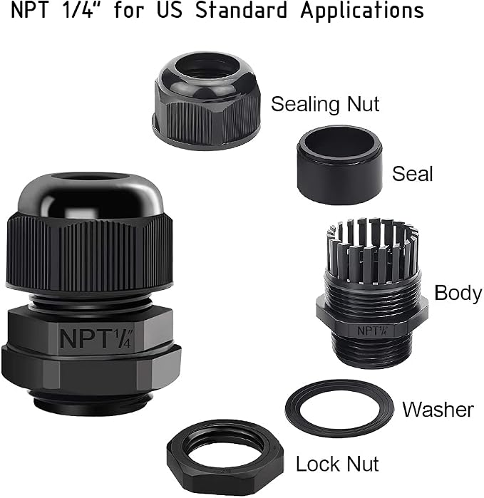 5 Pack NPT 1/4" Cable Glands Waterproof Adjustable 4-8mm Cable Connectors Black - Image 3