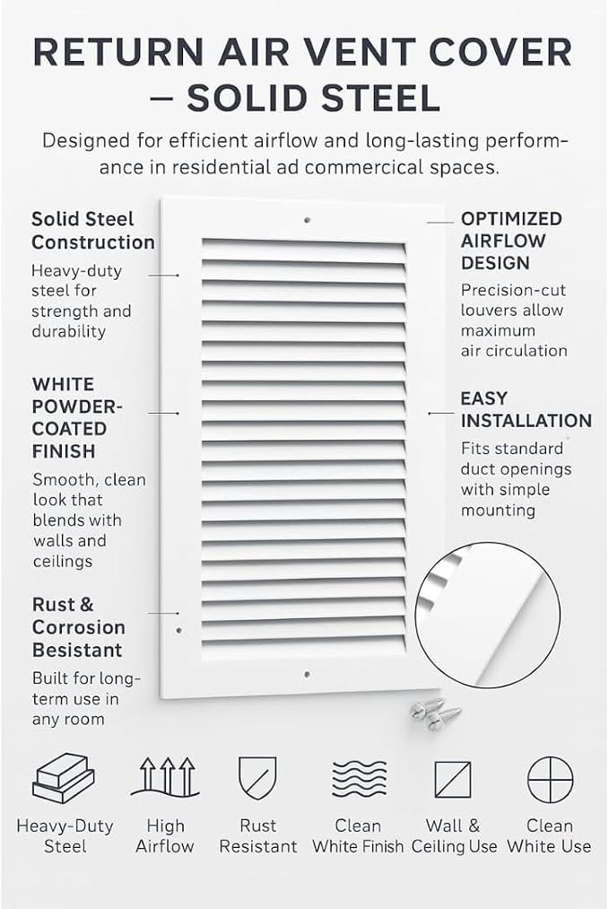 10 x 10 Inch Return Air Vent Cover, Solid Steel HVAC Grille - Image 5