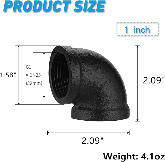 1" Black Threaded Elbow, 20 Pack DN25 Threaded Cast Malleable Iron Elbow - Image 2