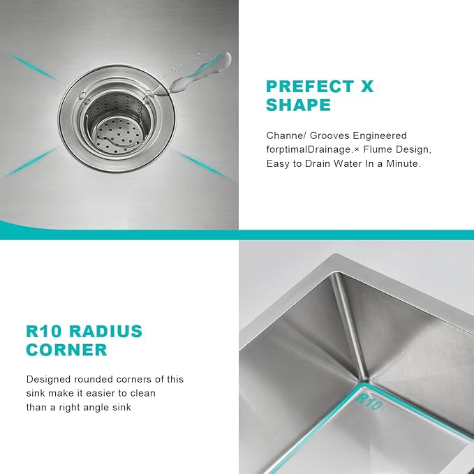 15 x 15 Inch Undermount Kitchen Sink, T-304 Stainless Steel Handmade Single - Image 6