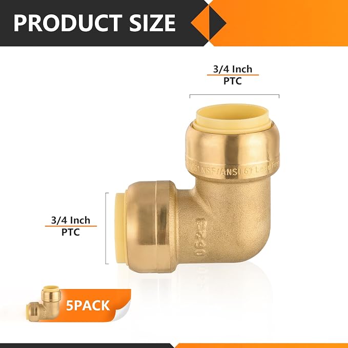 5PC HeSun 3/4" x 3/4" Push-fit 90 Degree Elbow | Brass Push-to-Connect Plumbing - Image 2