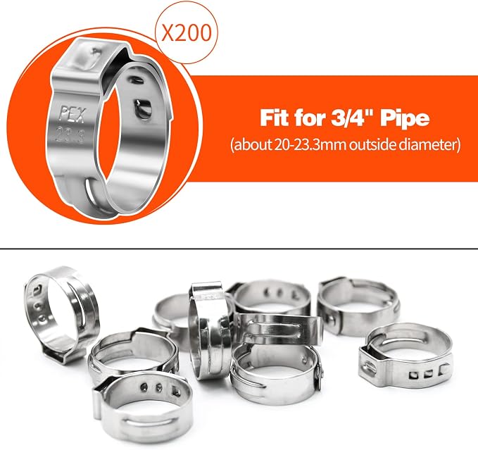200 Pack 3/4" PEX Cinch Clamps, Stainless Steel Single Ear Hose Clamps - Image 2