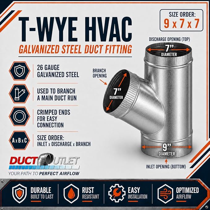 9" x 7" x 7" T-Wye HVAC Duct Fitting, 26 Gauge Galvanized Steel Round Duct - Image 2