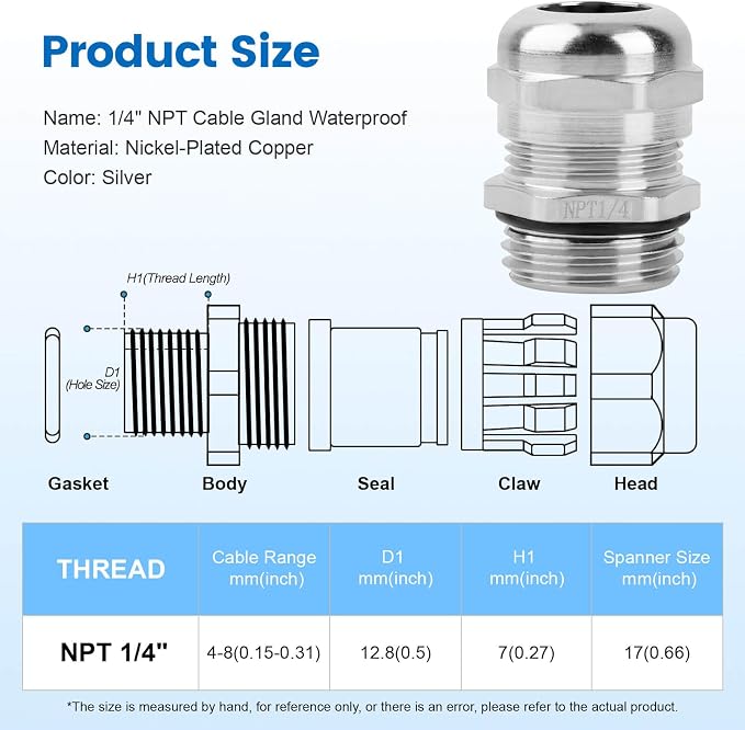 4 Pcs 1/4" NPT Nickel-Plated Copper Cable Gland | IP68 Waterproof, Metal Strain - Image 2