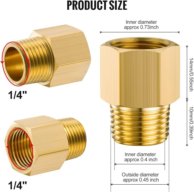 Gsinodrs 2PCS Brass Pipe Fitting, 1/4" Female x 1/4" Male NPT Thread Brass Hex - Image 2
