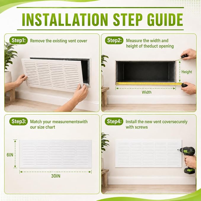 30" x 8" Return Air Grille Duct Opening, Ceiling Sidewall Floor Cold Air Intake - Image 4