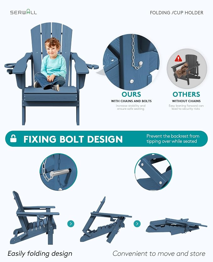 SERWALL Folding Adirondack Chair, Dual Cup Holders & All-Weather HDPE, - Image 8