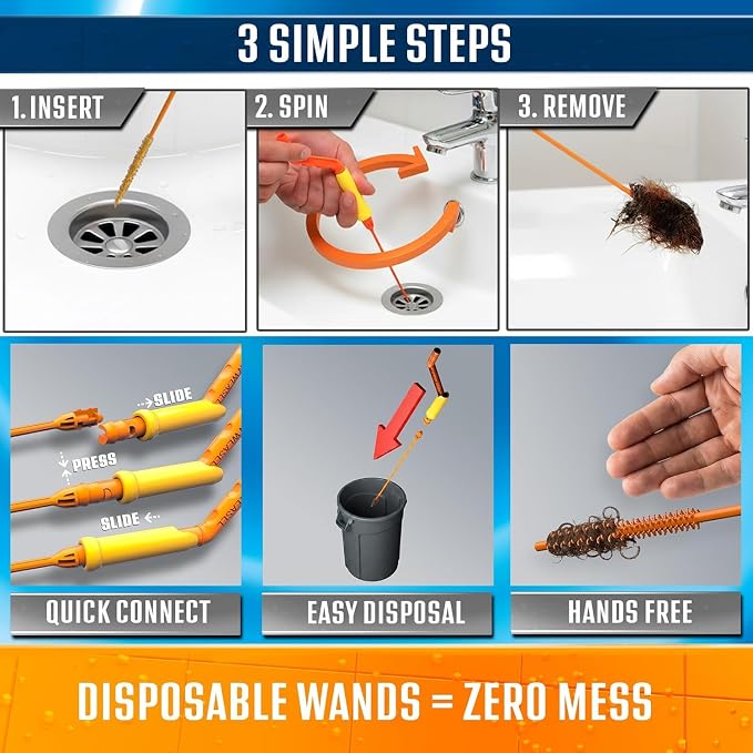 FlexiSnake Drain Weasel Sink Snake Hair Clog Remover Tool Kit, 3 Wands - Image 3